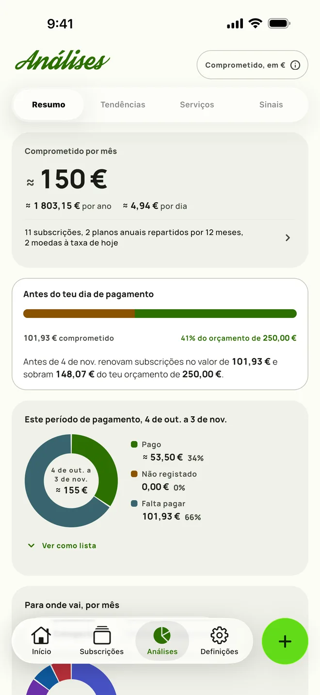 As Análises no Subby, com a quantia comprometida em cada mês, o orçamento que resta até ao dia de pagamento e o período de pagamento dividido em pago e por pagar, em iPhone