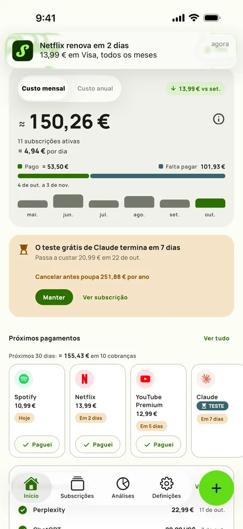 Um lembrete do Subby que indica o serviço, a quantia, o cartão e o ciclo, com Marcar como pago na notificação, em iPhone