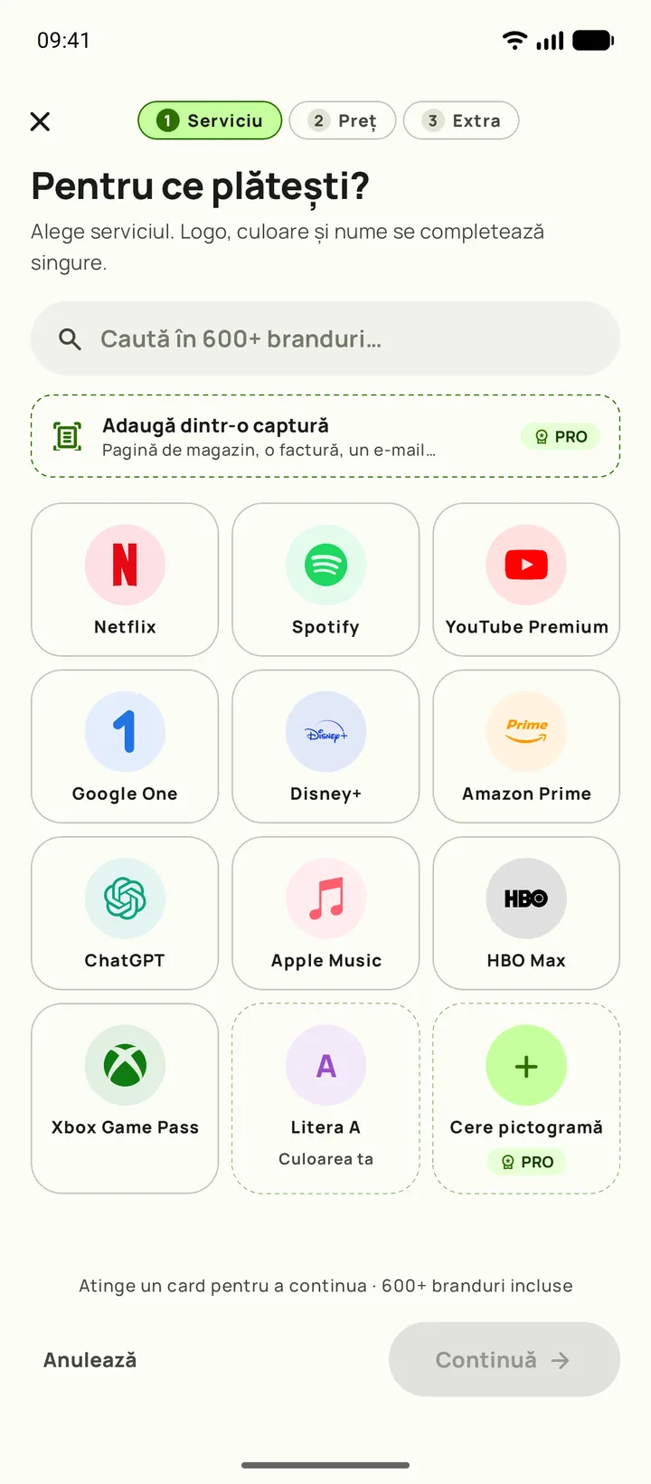 Adăugarea unui abonament în Subby, pasul întâi: alegi serviciul, pe Android