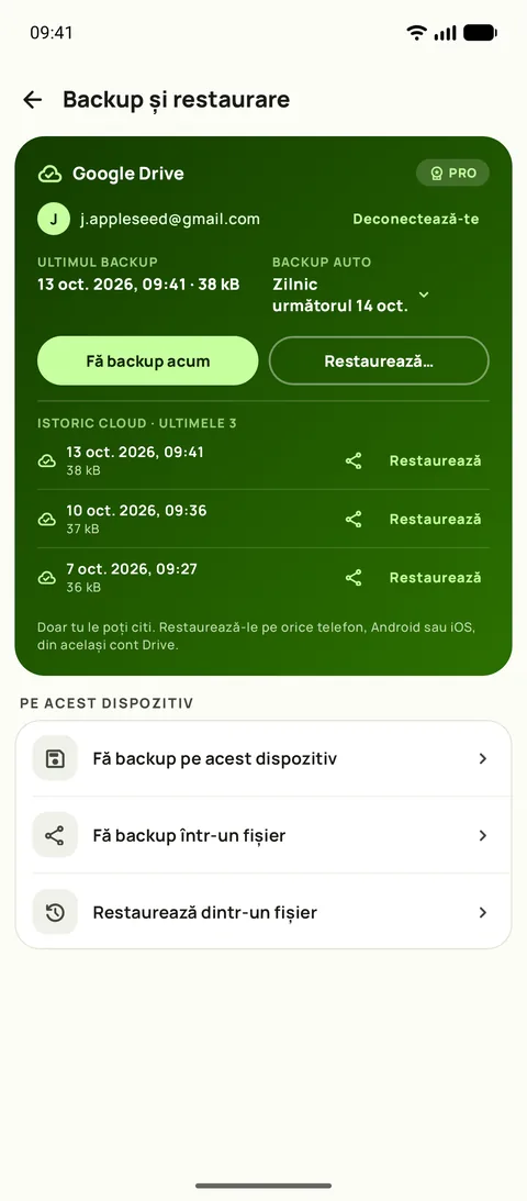 Ecranul Backup și restaurare din Subby, cu backup automat zilnic și ultimele trei backupuri în listă, pe Android