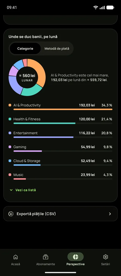 Cheltuielile pe categorii în modul întunecat, plus exportul CSV, pe Android
