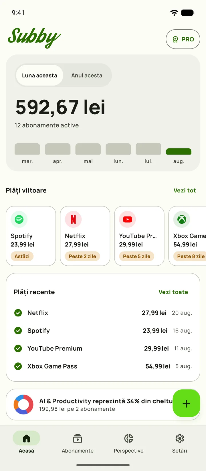 Ecranul Acasă din Subby, cu costul lunar, cât înseamnă pe zi, ce ai plătit față de ce mai ai de plătit, cardul unei probe care se termină în șapte zile și plățile următoare, pe Android