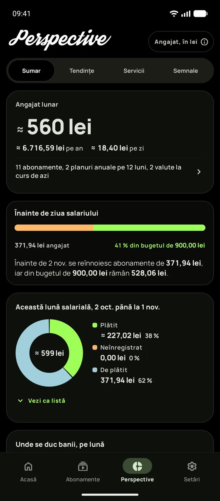 Perspective din Subby, fila Sumar, în tema întunecată, cu suma la care te angajezi lunar, cardul zilei salariului și perioada de plată împărțită în plătit, neînregistrat și de plătit, pe Android