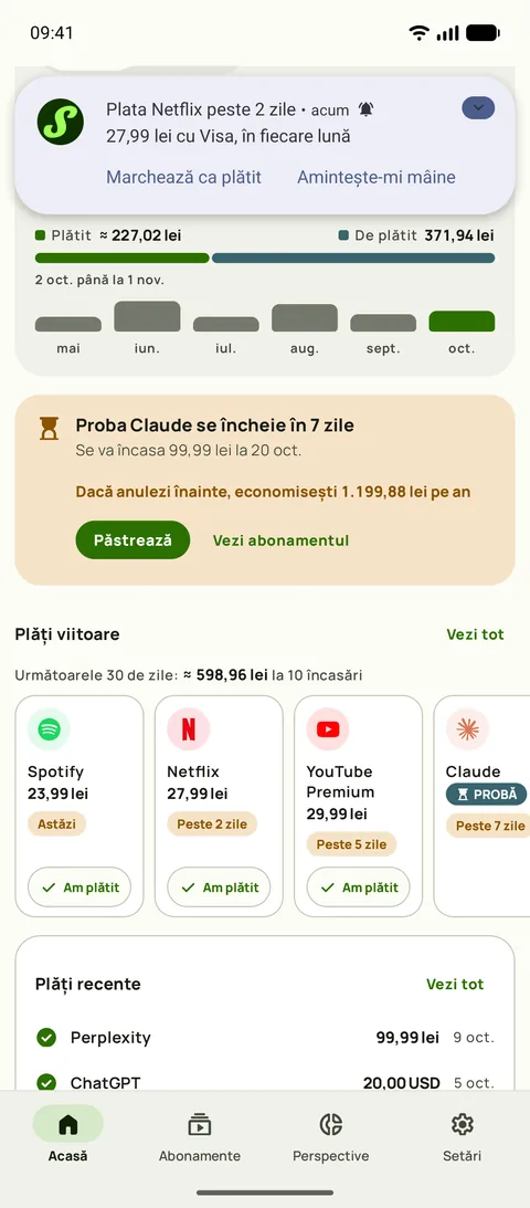 Un memento Subby care numește serviciul, suma, cardul și ciclul, cu Marchează ca plătit pe notificare, pe Android