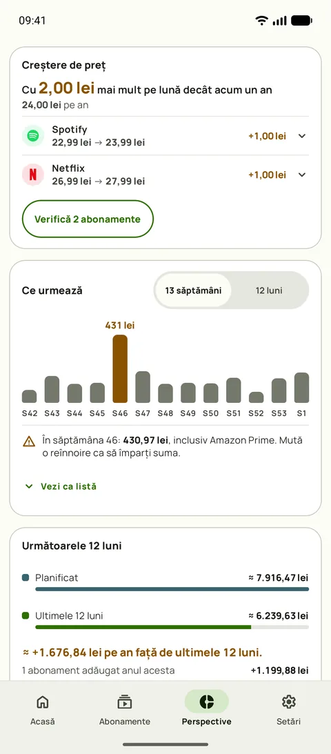 Cardul Creștere de preț din Perspective, cu cât mai mult pe lună costă aceleași servicii față de acum un an, Spotify și Netflix cu prețul vechi și cel nou, și un buton Revizuiește deasupra prognozei pe 13 săptămâni, pe Android
