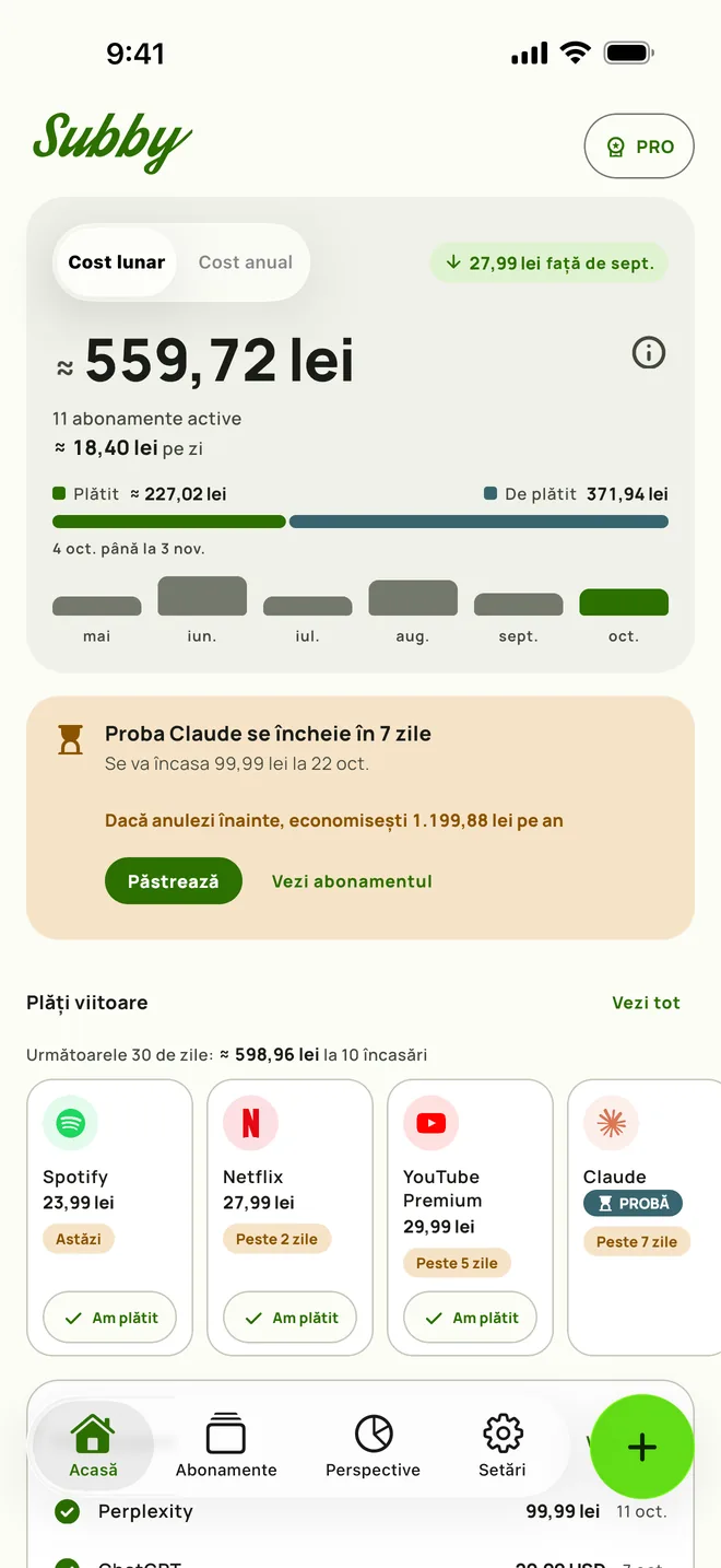 Ecranul Acasă din Subby, cu costul lunar, cât înseamnă pe zi, ce ai plătit față de ce mai ai de plătit, cardul unei probe care se termină în șapte zile și plățile următoare, pe iPhone