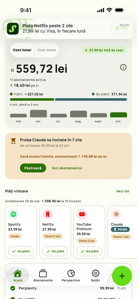 Un memento Subby care numește serviciul, suma, cardul și ciclul, cu Marchează ca plătit pe notificare, pe iPhone