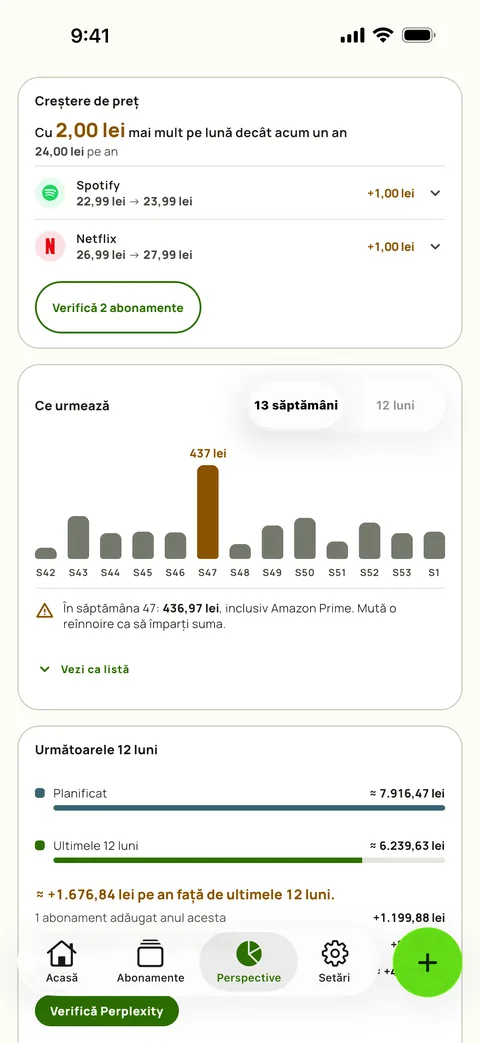 Cardul Creștere de preț din Perspective, cu cât mai mult pe lună costă aceleași servicii față de acum un an, Spotify și Netflix cu prețul vechi și cel nou, și un buton Revizuiește deasupra prognozei pe 13 săptămâni, pe iPhone