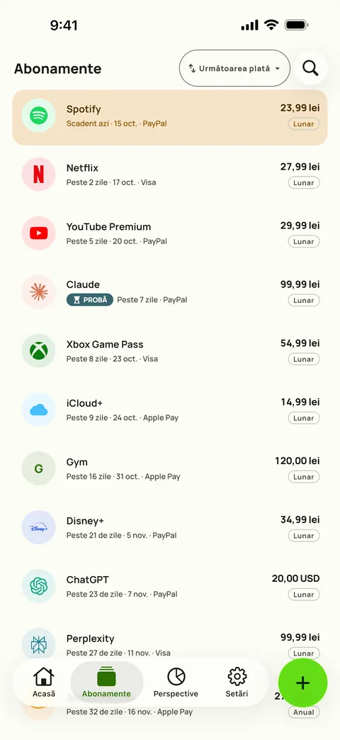 Fila Abonamente a lui Subby, sortată după următoarea plată, fiecare abonament cu prețul, cardul și ciclul de plată, pe iPhone