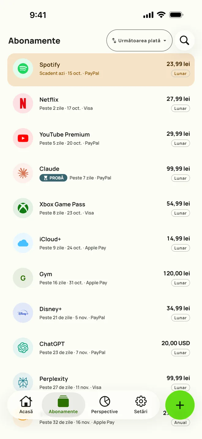 Fila Abonamente din Subby pe iPhone, în ordinea următoarei plăți: Spotify scadent azi, apoi Netflix, YouTube Premium și o probă gratuită, fiecare cu preț și ciclu
