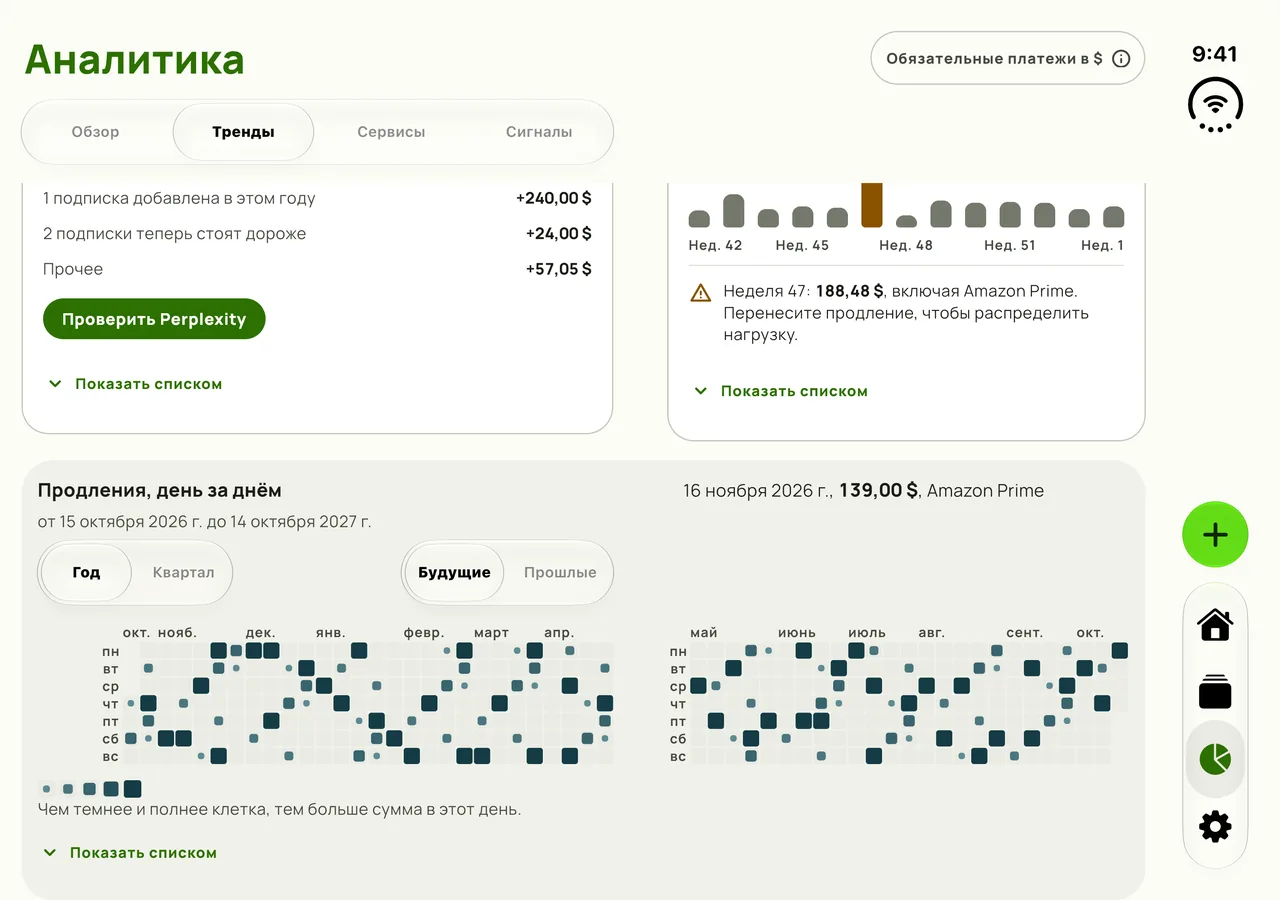 Аналитика на раскрытом iPhone Duo: календарь продлений идёт через обе панели, а сгиб приходится между апрелем и маем