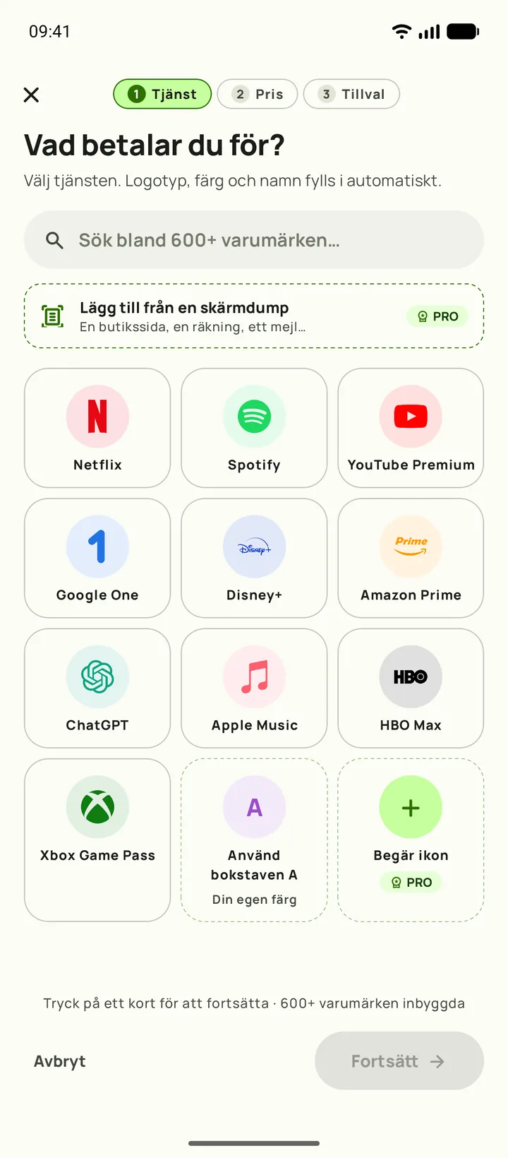 Så lägger du till en prenumeration i Subby, steg ett: välj tjänsten, på Android