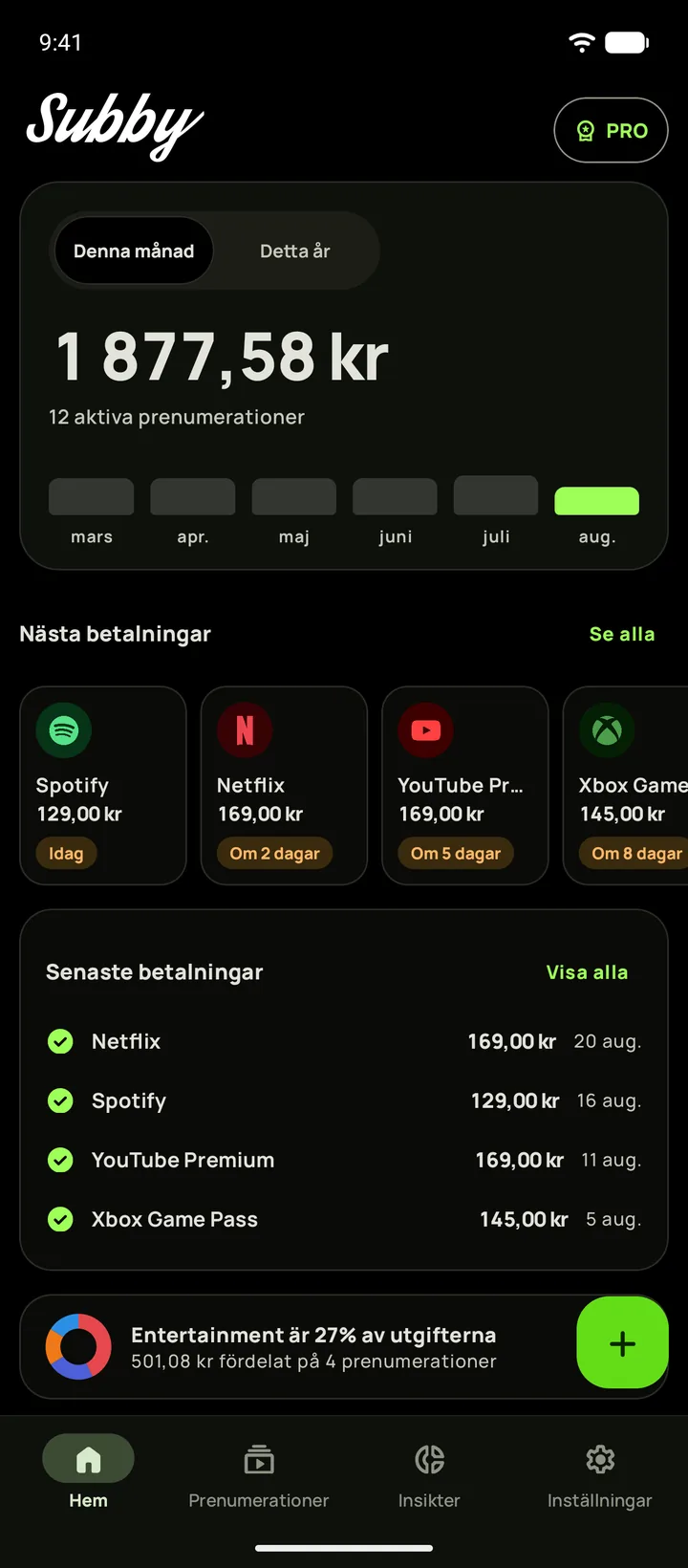 Subbys startskärm i helsvart mörkt läge