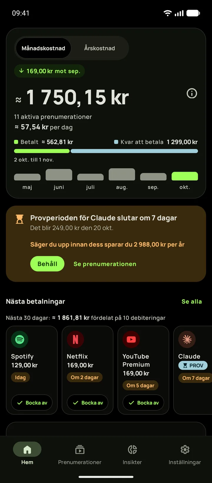 Subbys Hem i det helsvarta temat, med månadskostnaden, ett kort för en provperiod som slutar om sju dagar och nästa betalningar, på Android