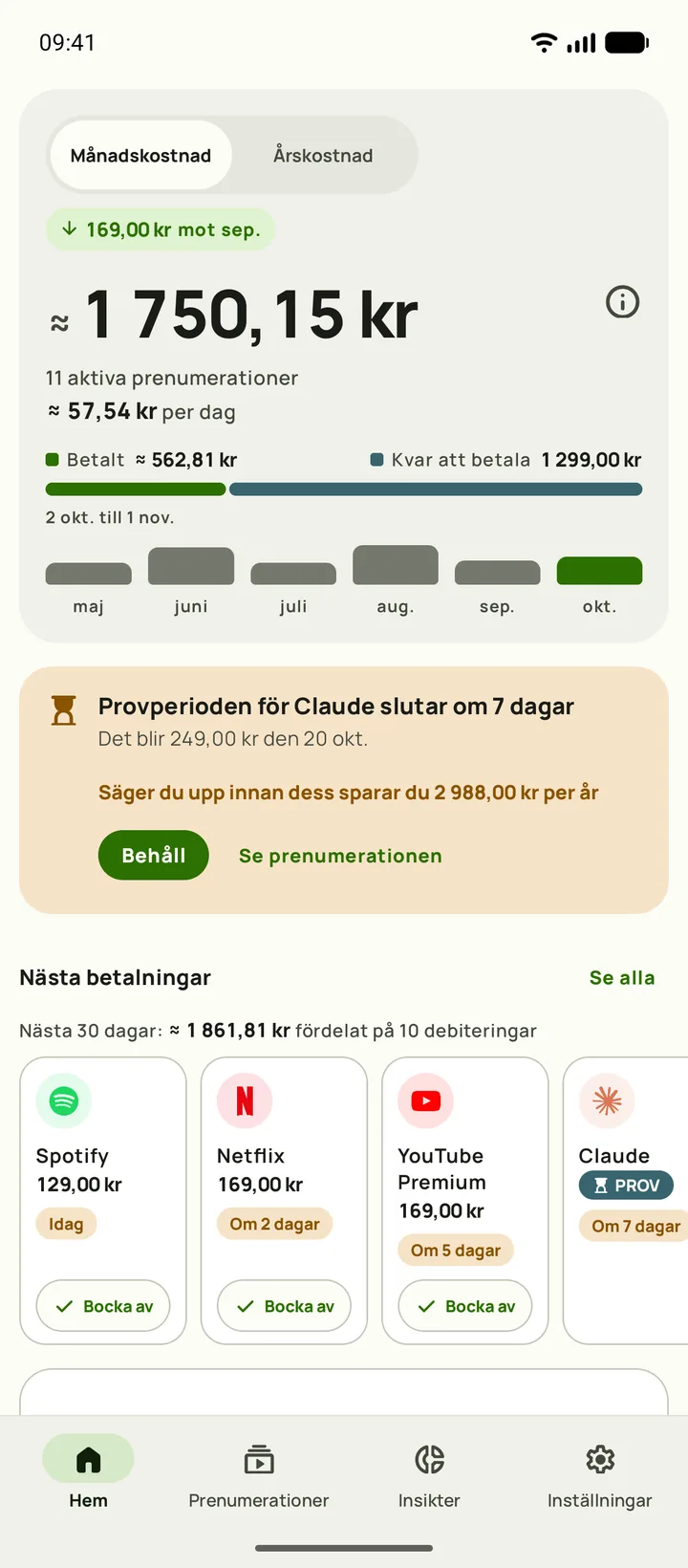 Subbys Hem med månadskostnaden, vad den blir per dag, betalt mot kvar att betala, ett kort för en provperiod som slutar om sju dagar och nästa betalningar, på Android