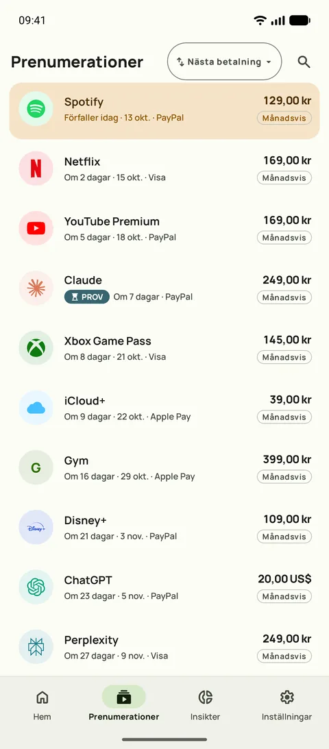 Subbys flik Prenumerationer, sorterad efter nästa betalning, varje prenumeration med sitt pris, kort och faktureringscykel, på Android
