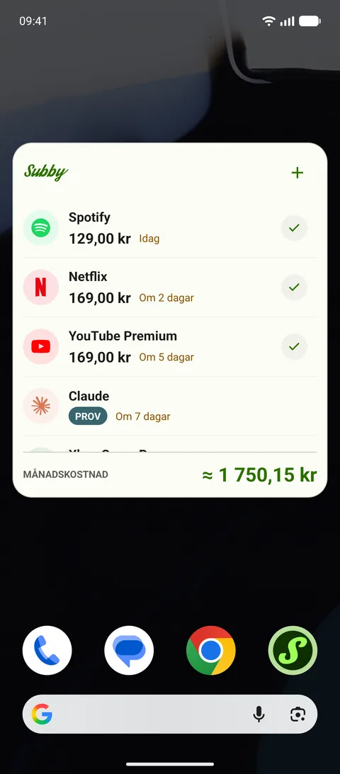 Subby-widgeten med nästa betalningar, en gratis provperiod märkt PROV och månadens kostnad, på Android