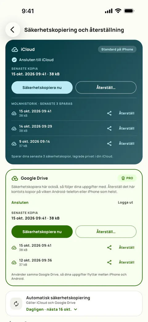 Säkerhetskopia och återställning, med schemat och de tre senaste säkerhetskopiorna, på iPhone