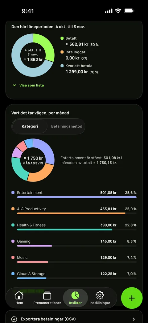 Utgifter per kategori i mörkt läge, och CSV-exporten, på iPhone