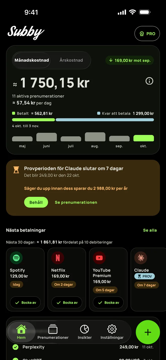 Subbys Hem i det helsvarta temat, med månadskostnaden, ett kort för en provperiod som slutar om sju dagar och nästa betalningar, på iPhone