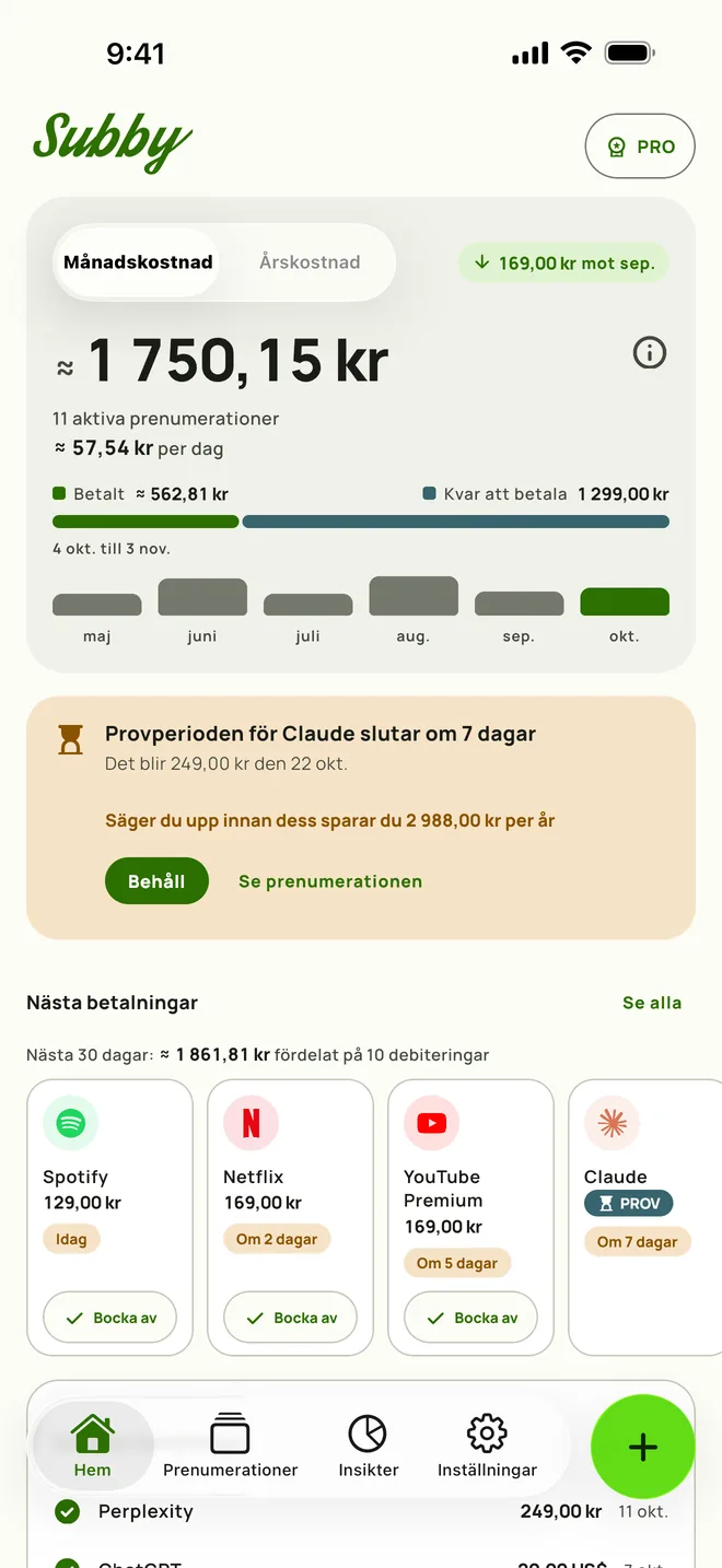 Subbys Hem med månadskostnaden, vad den blir per dag, betalt mot kvar att betala, ett kort för en provperiod som slutar om sju dagar och nästa betalningar, på iPhone