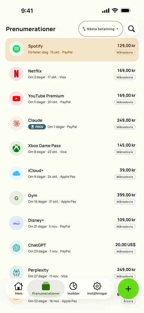 Subbys flik Prenumerationer, sorterad efter nästa betalning, varje prenumeration med sitt pris, kort och faktureringscykel, på iPhone