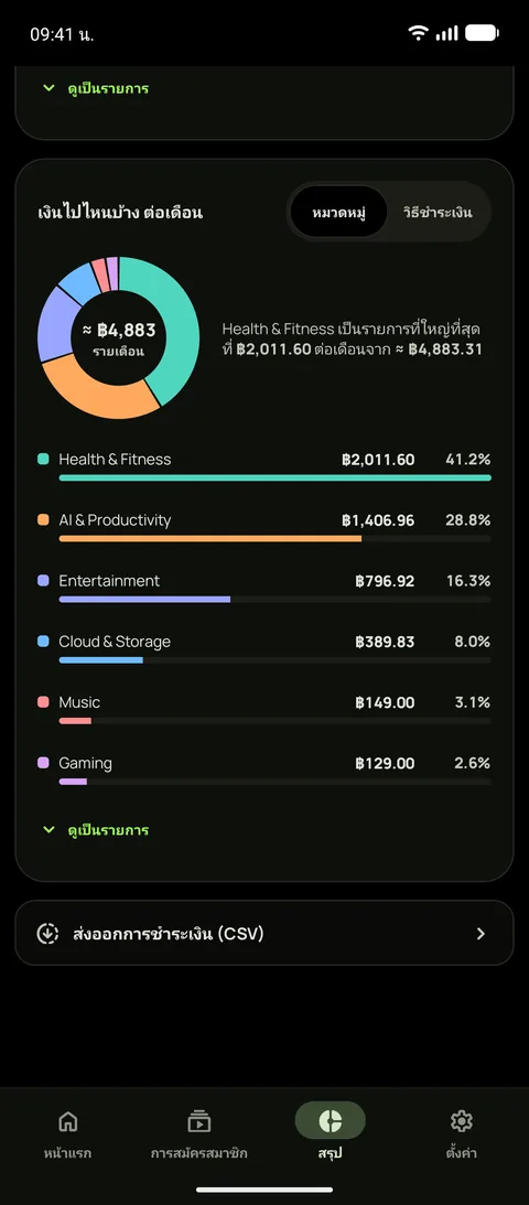 ค่าใช้จ่ายแยกตามหมวดหมู่ในโหมดมืด และการส่งออก CSV บน Android