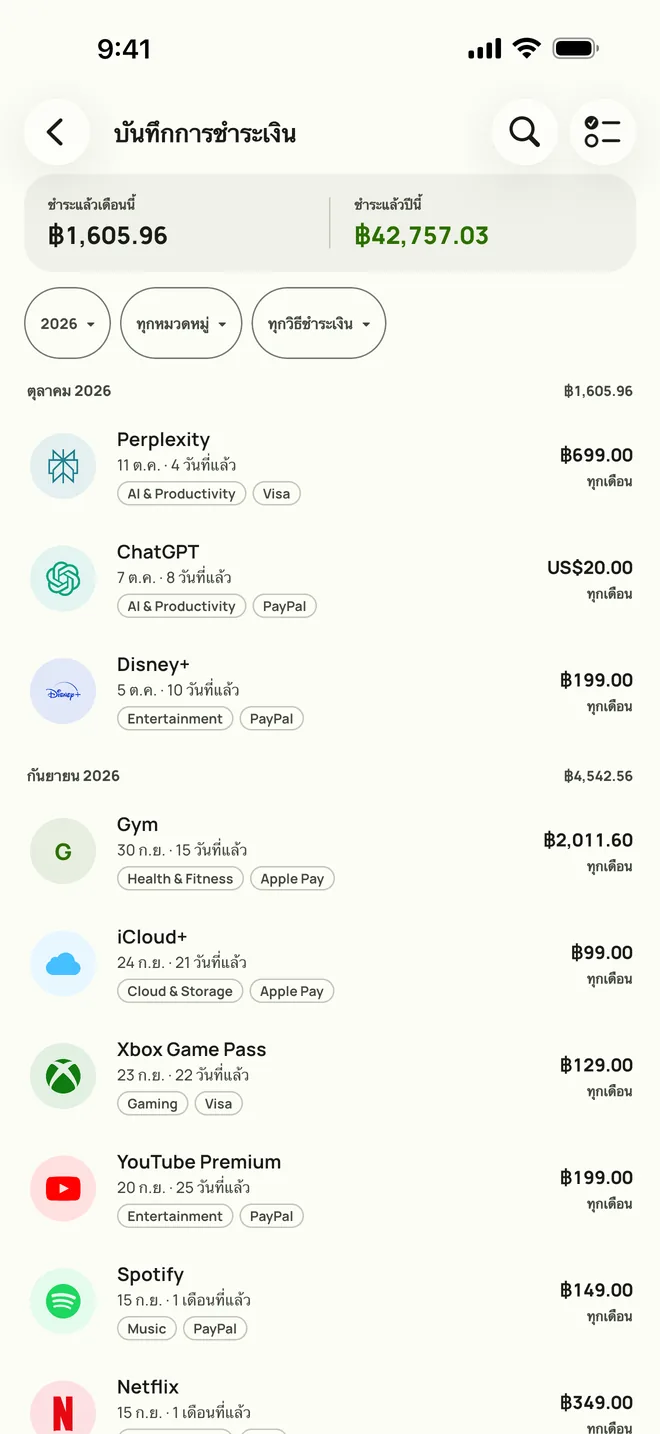 ประวัติการชำระเงินของ Subby แสดงประวัติครบทุกรายการพร้อมยอดรวมรายเดือน บน iPhone