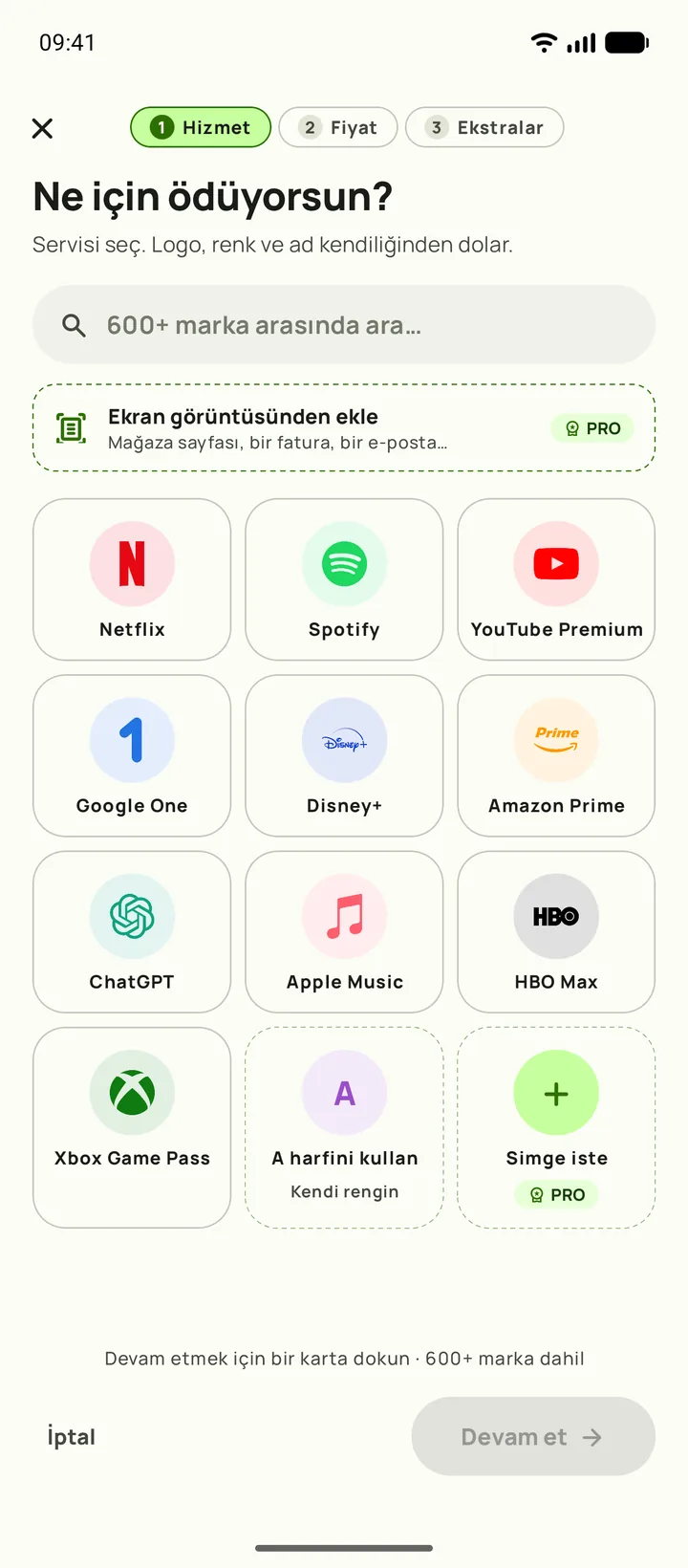 Subby'de abonelik ekleme, birinci adım: hizmeti seç, Android üzerinde