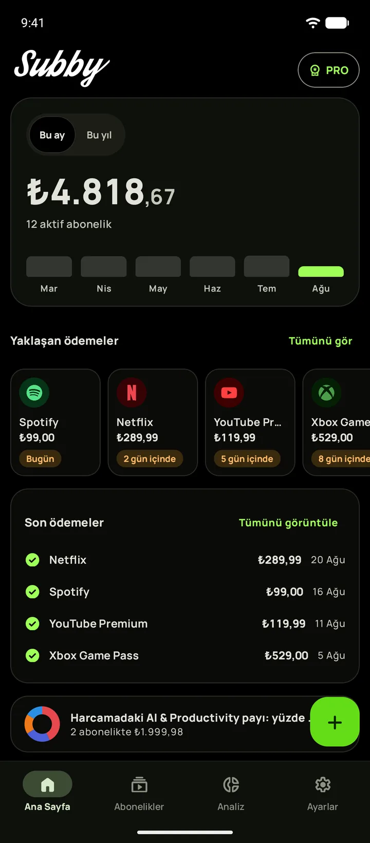 Subby Ana Sayfa, tam siyah temada: aylık maliyet, yedi gün içinde biten bir deneme kartı ve yaklaşan ödemeler, Android üzerinde