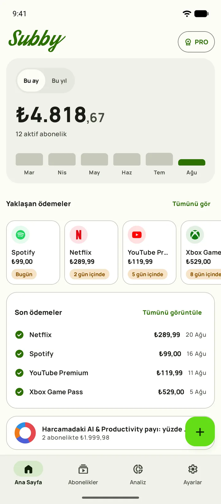 Subby Ana Sayfa: aylık maliyet, günlük karşılığı, ödenen ve ödenecek tutar, yedi gün içinde biten bir deneme kartı ve yaklaşan ödemeler, Android üzerinde