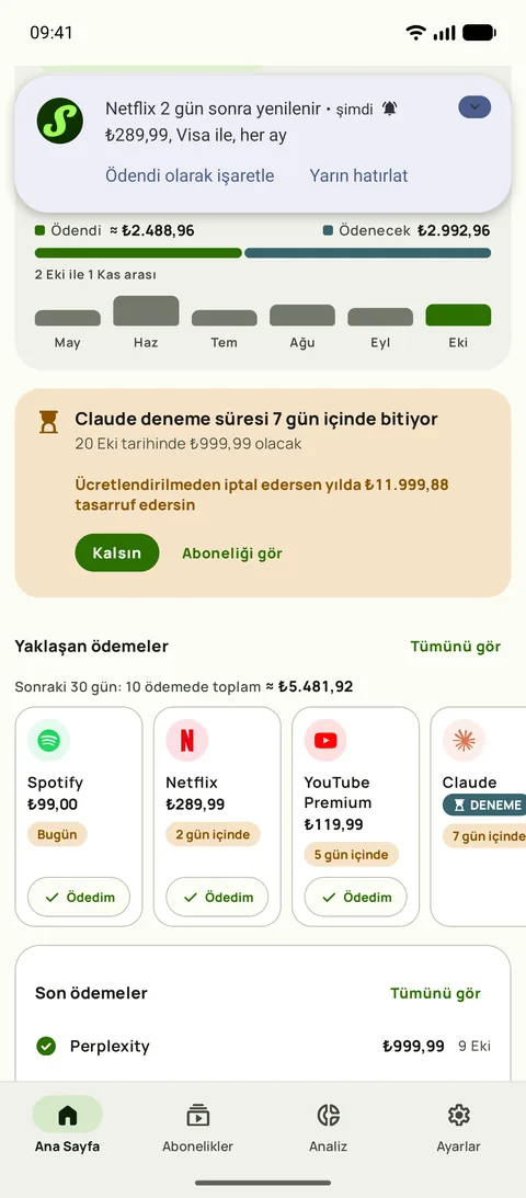 Tutarı, kartı ve dönemi söyleyen bir hatırlatıcı, Ödendi olarak işaretle düğmesiyle, Android üzerinde