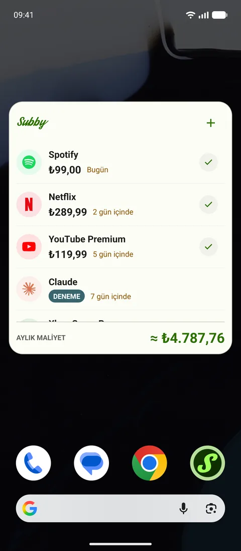 Subby widget'ı: yaklaşan ödemeler, DENEME etiketli bir ücretsiz deneme ve aylık maliyet, Android üzerinde