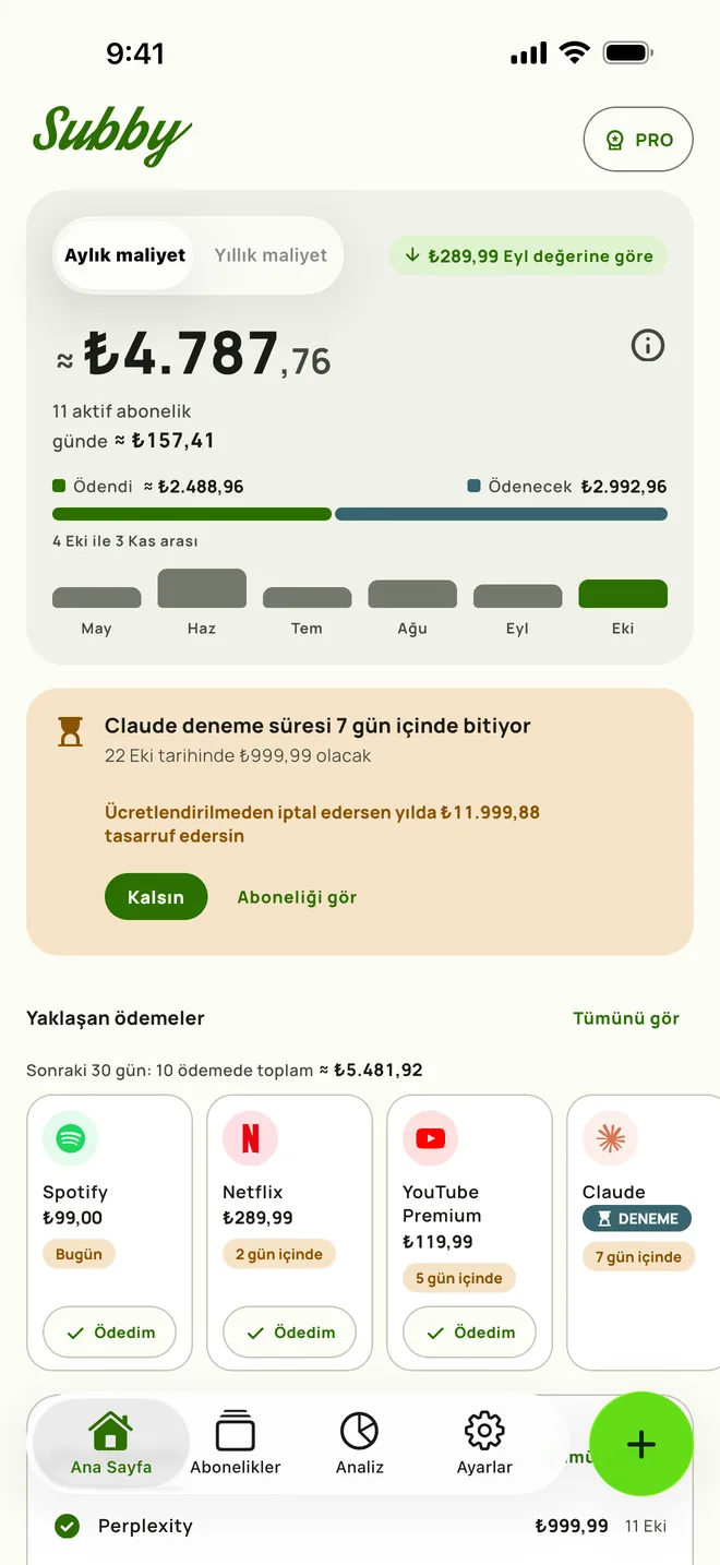 Subby Ana Sayfa: aylık maliyet, günlük karşılığı, ödenen ve ödenecek tutar, yedi gün içinde biten bir deneme kartı ve yaklaşan ödemeler, iPhone üzerinde
