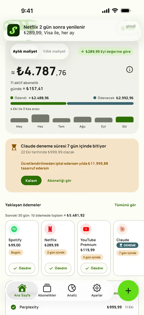Tutarı, kartı ve dönemi söyleyen bir hatırlatıcı, Ödendi olarak işaretle düğmesiyle, iPhone üzerinde