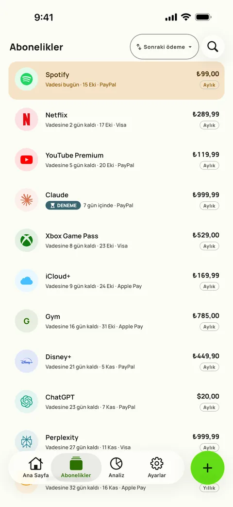 Subby'nin Abonelikler sekmesi, sıradaki ödemeye göre sıralı, her abonelik fiyatı, kartı ve faturalandırma dönemiyle, iPhone üzerinde