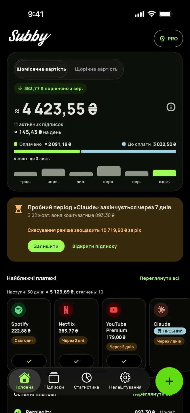 Головна Subby в темній темі: сума за місяць і найближчі платежі, на iPhone