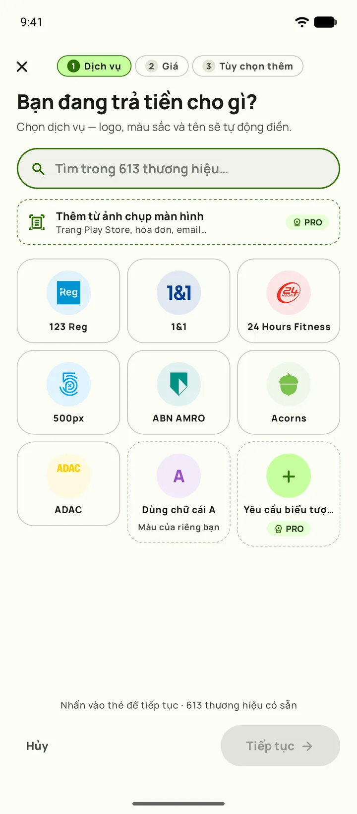 Thêm một gói đăng ký trong Subby — bước một, chọn dịch vụ