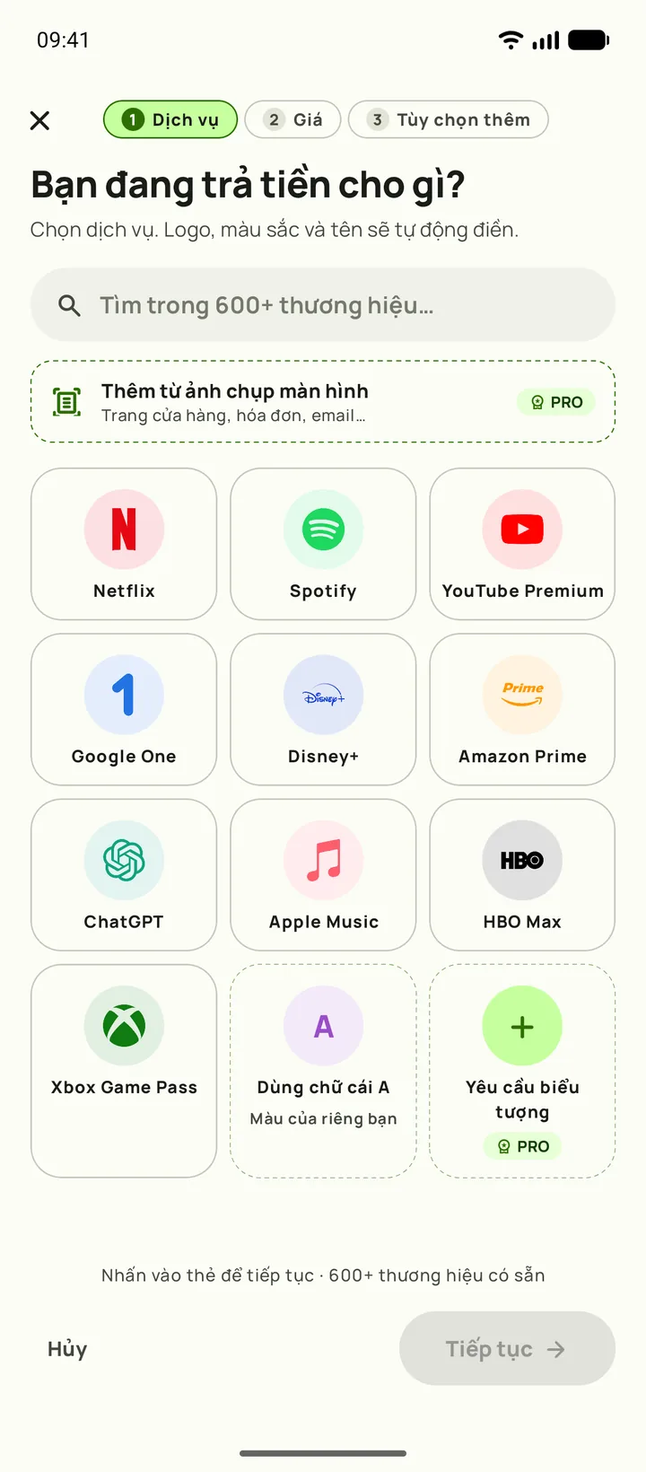 Thêm một gói đăng ký trong Subby. Bước một, chọn dịch vụ, trên Android
