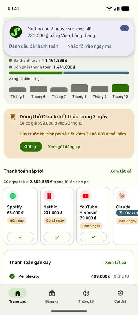 Nhắc nhở của Subby trên Android: Netflix gia hạn sau 2 ngày, $15.49 trên thẻ Visa, hàng tháng, kèm nút Đánh dấu đã thanh toán và Nhắc tôi vào ngày mai