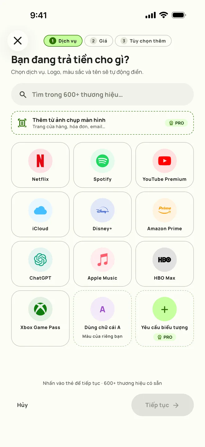 Thêm một gói đăng ký trong Subby. Bước một, chọn dịch vụ, trên iPhone