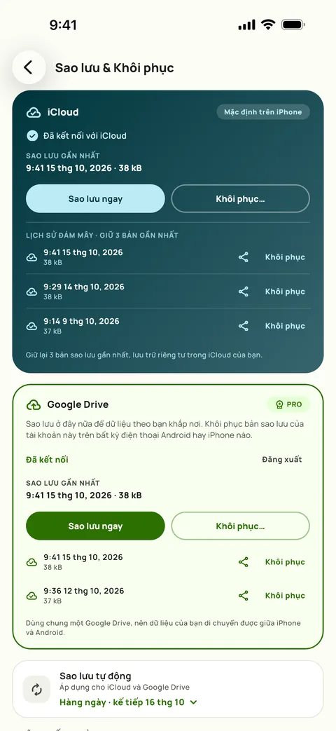 Sao lưu & Khôi phục trong Subby trên iPhone: iCloud và Google Drive đều đã kết nối, ba bản sao lưu iCloud gần nhất được liệt kê, và sao lưu tự động đặt hàng ngày