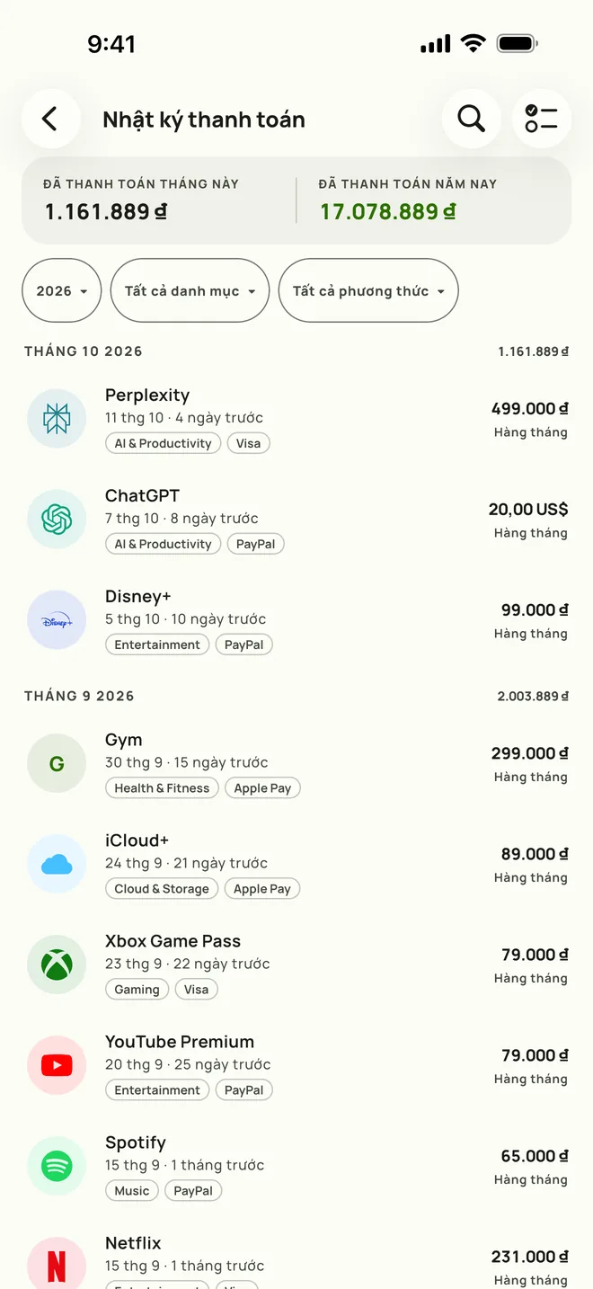 Nhật ký thanh toán của Subby trên iPhone, đầy đủ lịch sử kèm tổng theo tháng