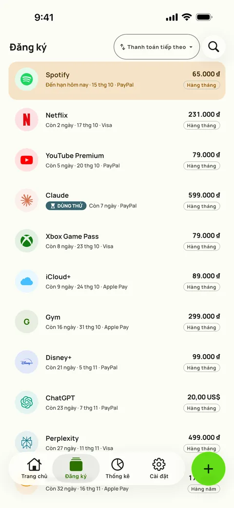 Tab Gói đăng ký của Subby, sắp xếp theo lần thanh toán tiếp theo, mỗi gói đăng ký có giá, thẻ và chu kỳ thanh toán, trên iPhone
