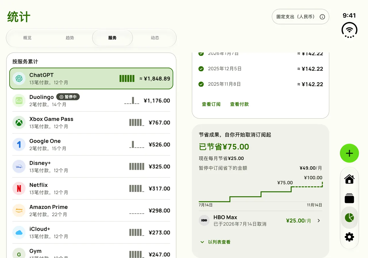 展开的iPhone Duo上统计的节省成果视图：取消和暂停订阅到目前为止省下的钱，累计总额横跨两块屏幕