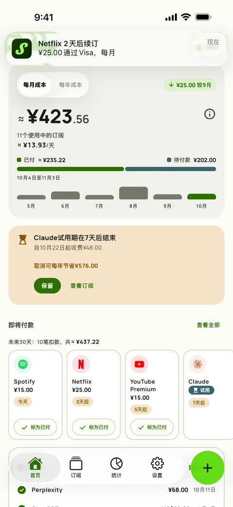 包含金额、卡片和周期的提醒,以及标记为已付款,在iPhone上