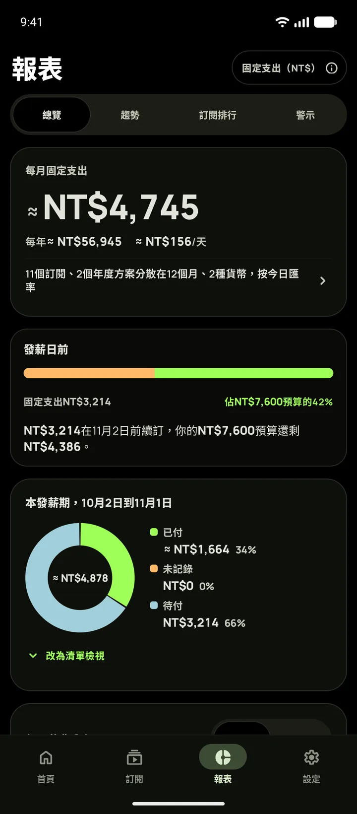 報表深色模式，顯示發薪日前要續訂的項目，Android版