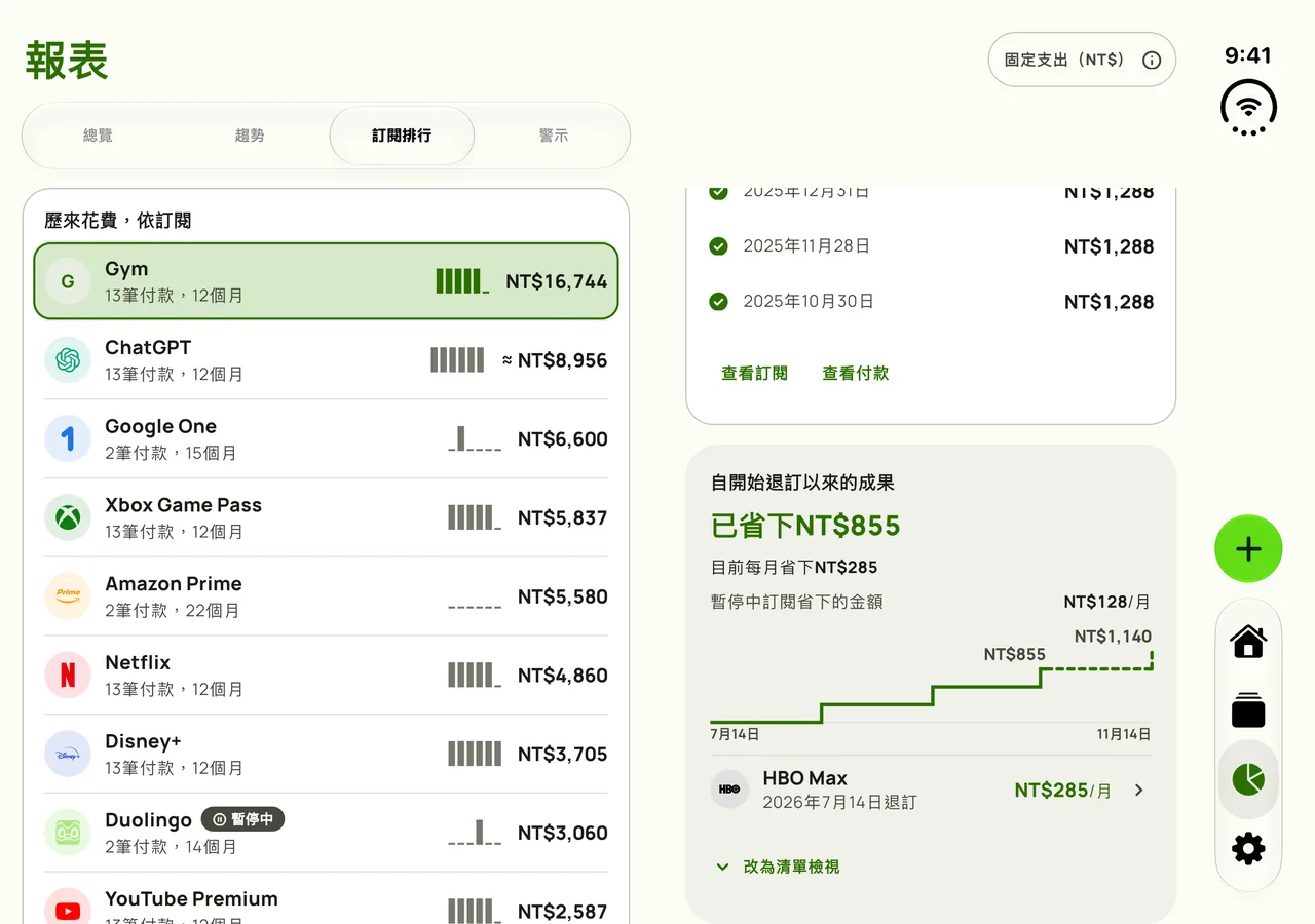 Subby報表的成果畫面在展開的iPhone Duo上：退訂和暫停省下的金額，總計橫跨兩個面板