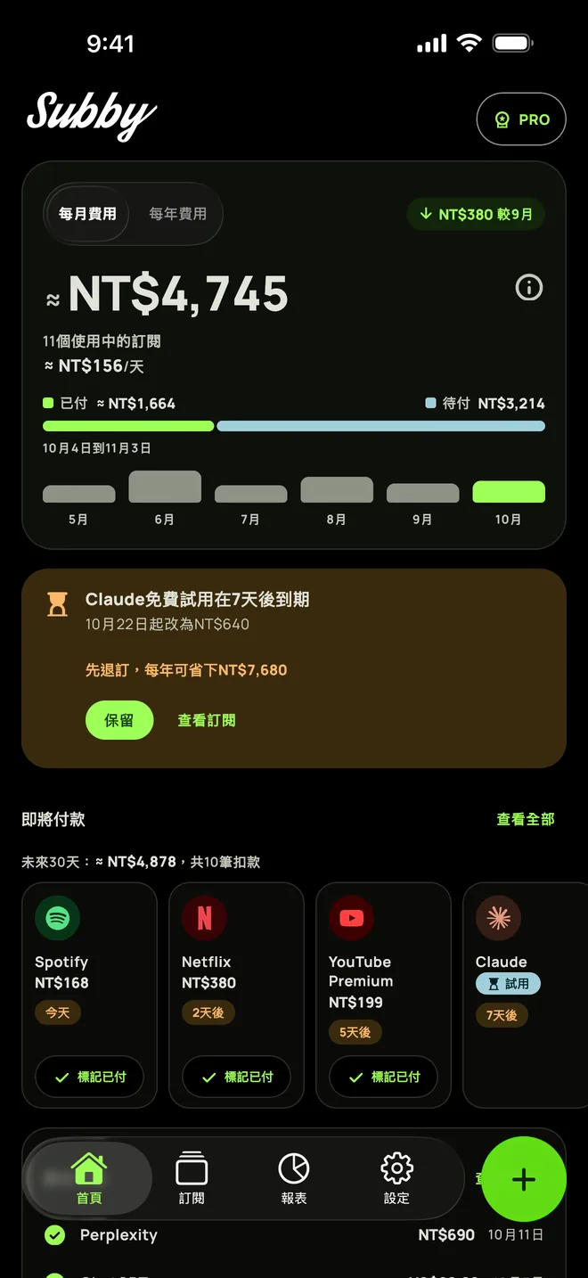 Subby首頁深色模式，顯示月度總額與下一批付款，iPhone版
