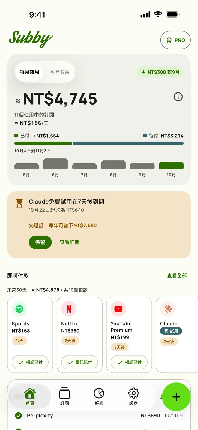 Subby首頁，顯示月度總額、每日花費、已付金額、待付金額與下一批付款，iPhone版